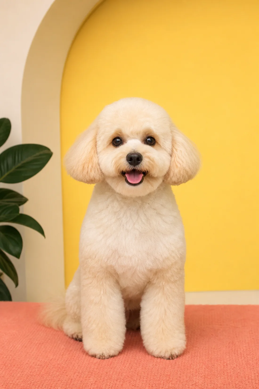 Concept portrait of a freshly groomed cream dog