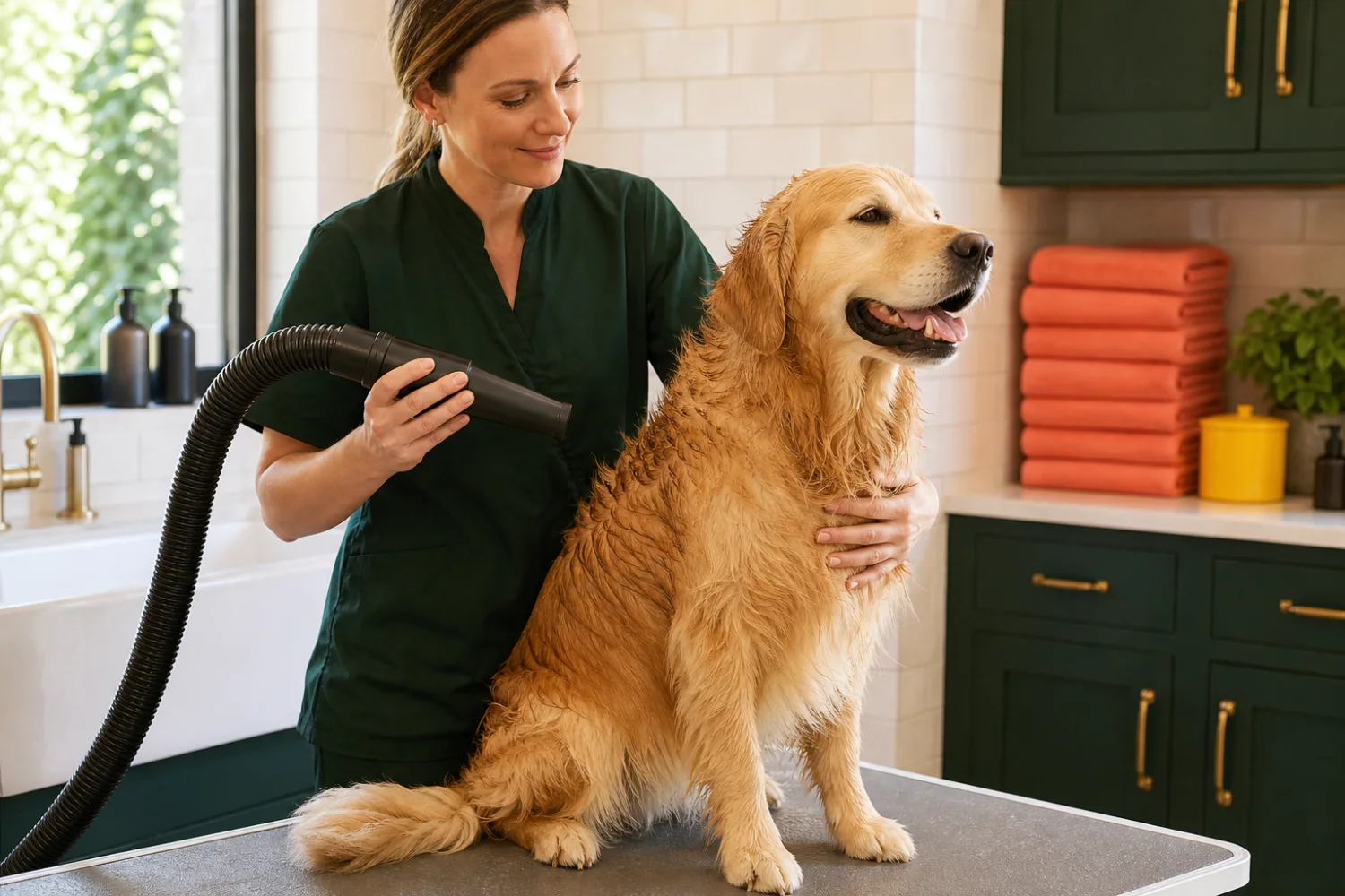 A calm golden retriever being gently blow-dried by a professional groomer