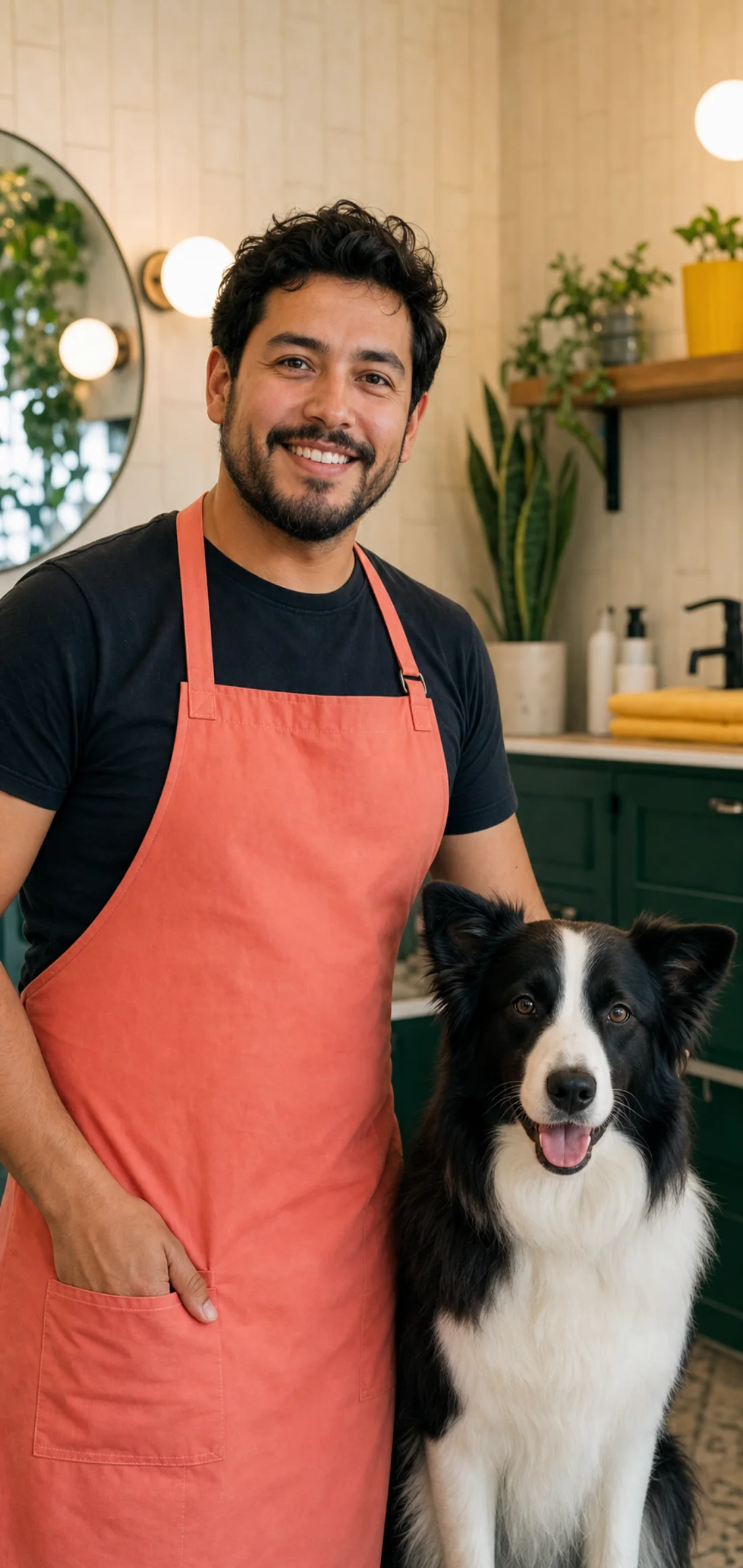 Fictional groomer Sam Rivera with a border collie