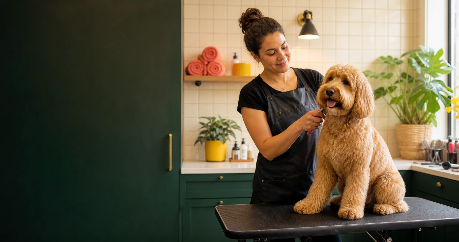 Concept image of a doodle being brushed in a boutique grooming studio